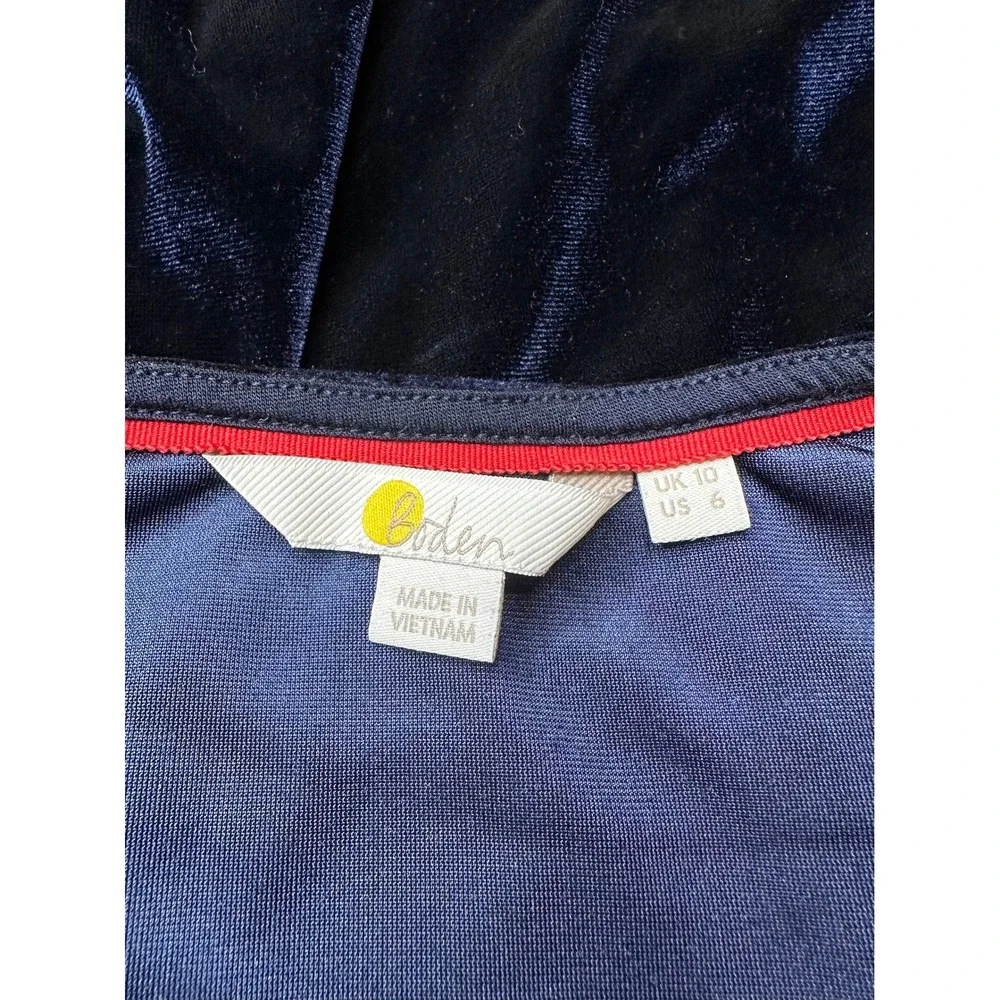 Boden Ellie Faux Wrap Top Women Size 6 Small Navy Blue Velvet Ruched Long Sleeve
